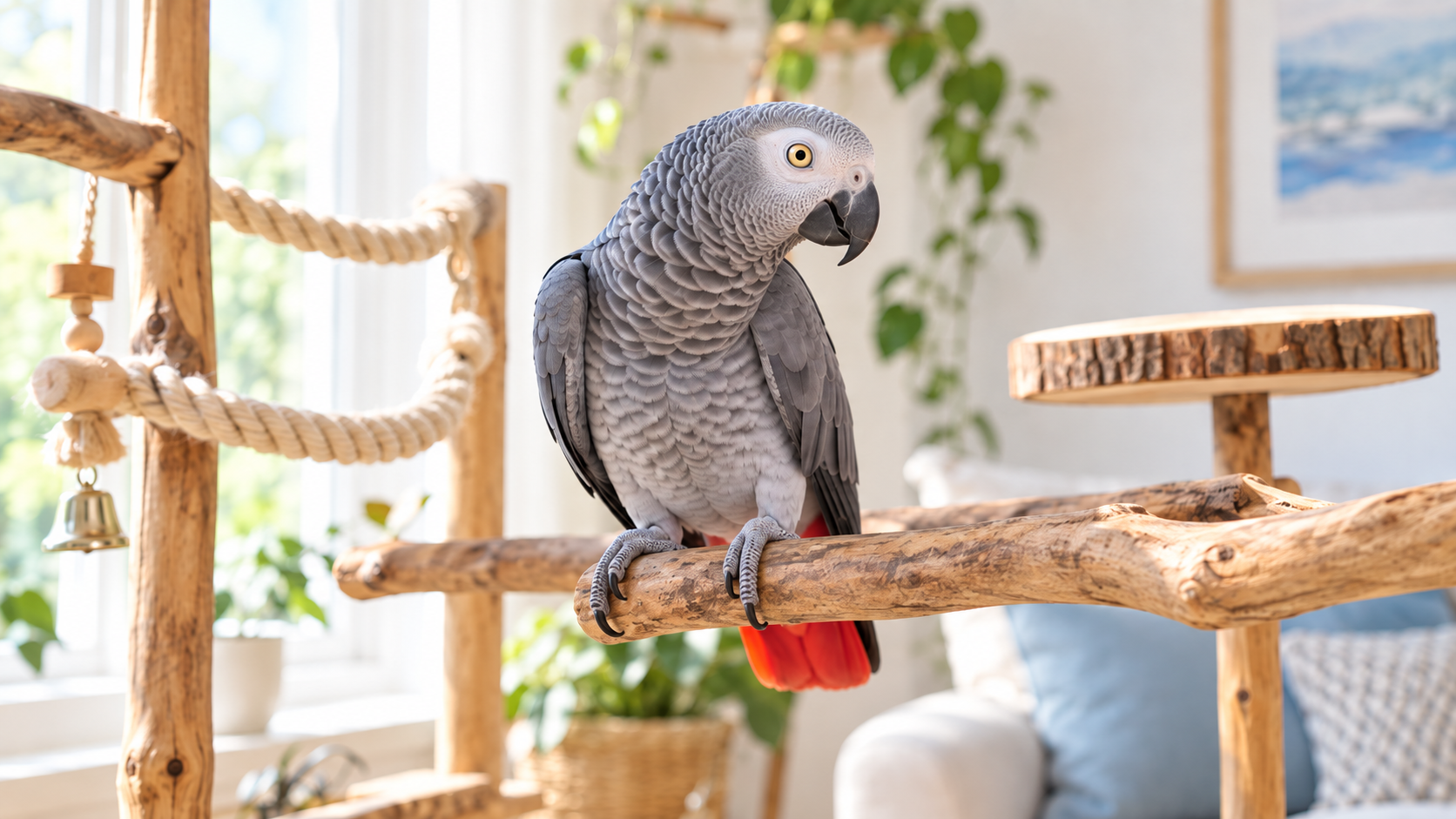 African Grey parrot perched on a natural wood branch with varied bird perches in a bright home setting