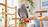 African Grey parrot perched on a natural wood branch with varied bird perches in a bright home setting