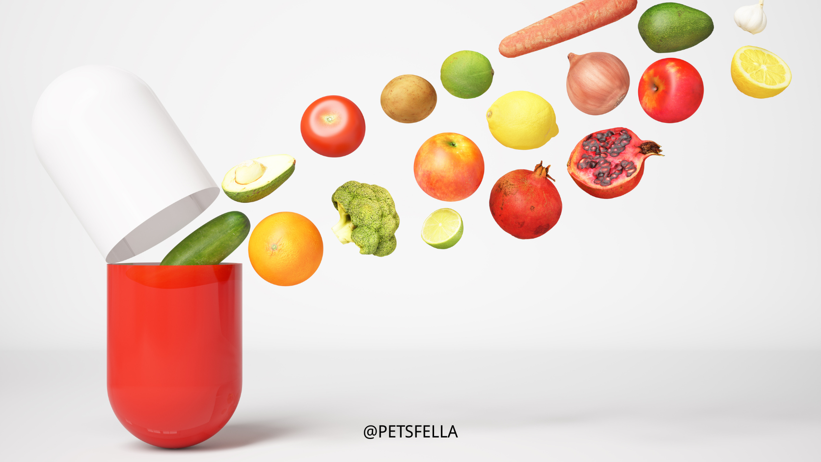 fruits and vegetables fly out from a capsule