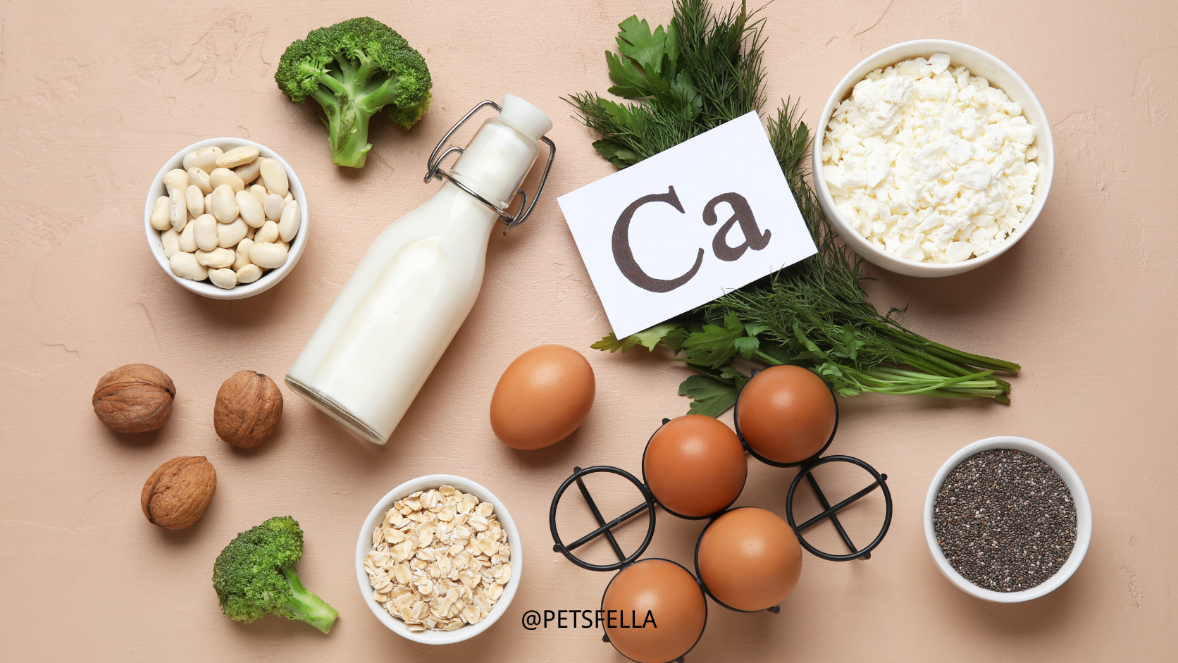 milk, eggs, nuts, broccoli lying around a white board said Ca on it 