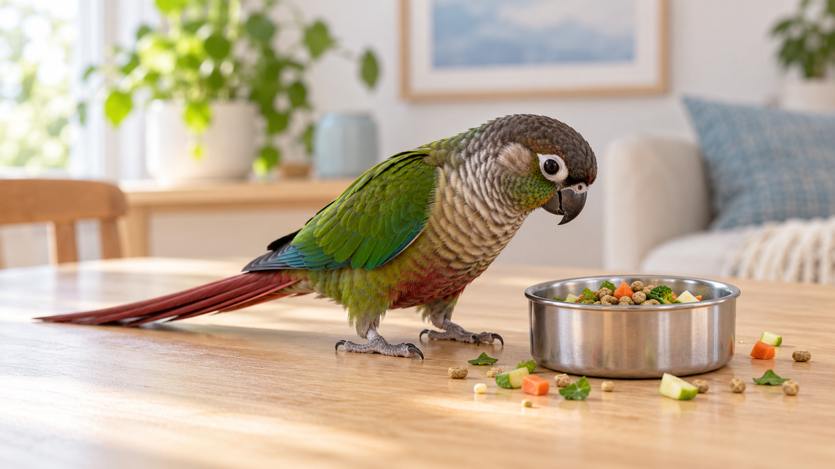 Green-cheeked conure beside a food bowl with a few scattered food pieces on a light wooden surface.