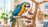 Blue-and-yellow macaw exploring a wooden chewing toy on a natural play stand.