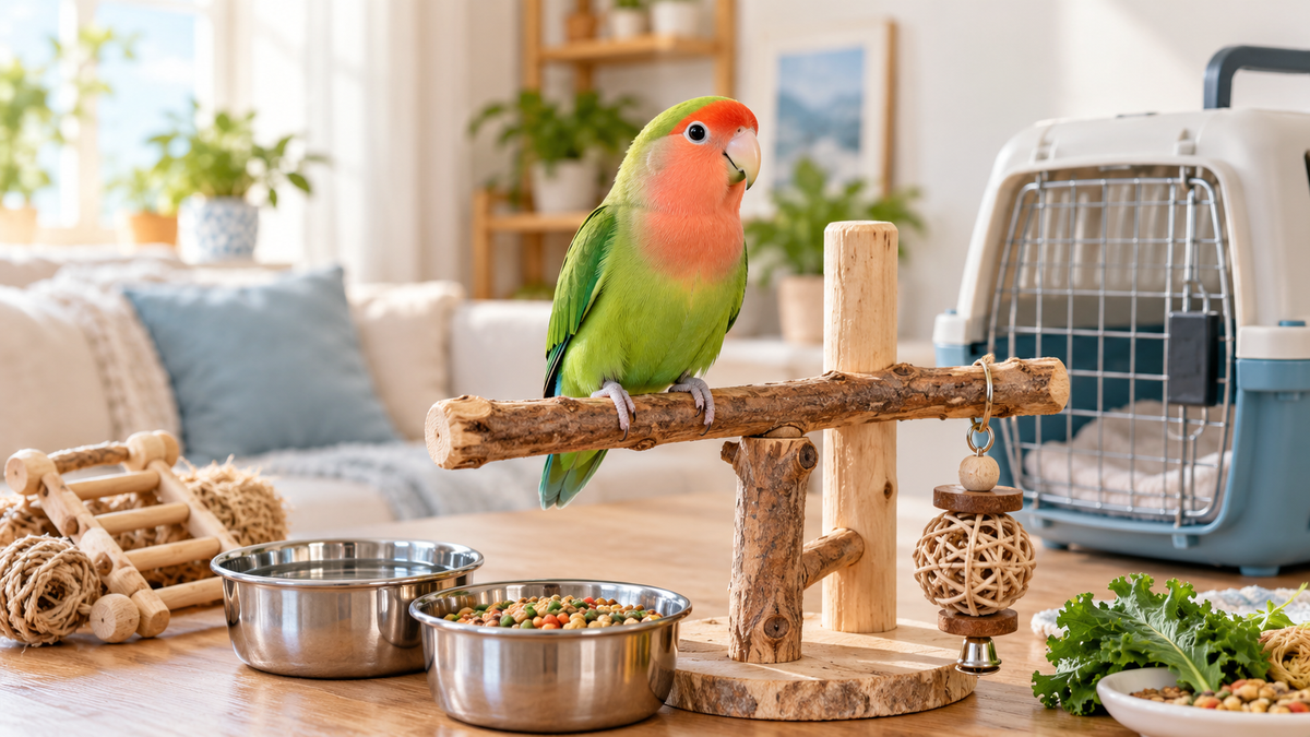 Peach-faced lovebird on a play stand beside feeding bowls, toys and a bird carrier.