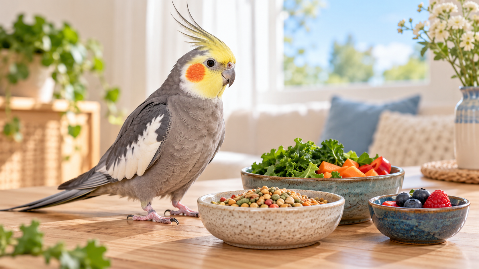 Cockatiel beside bowls of bird food, fresh vegetables and berries.