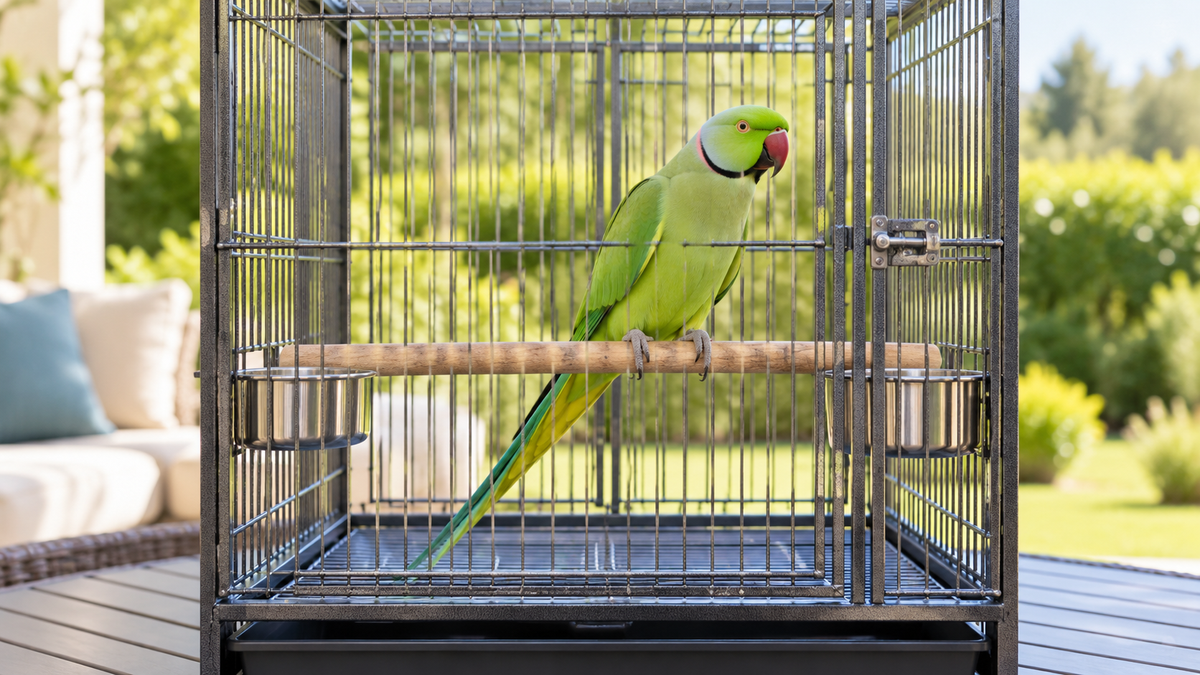Indian ringneck parrot inside a closed metal carrier on a shaded patio