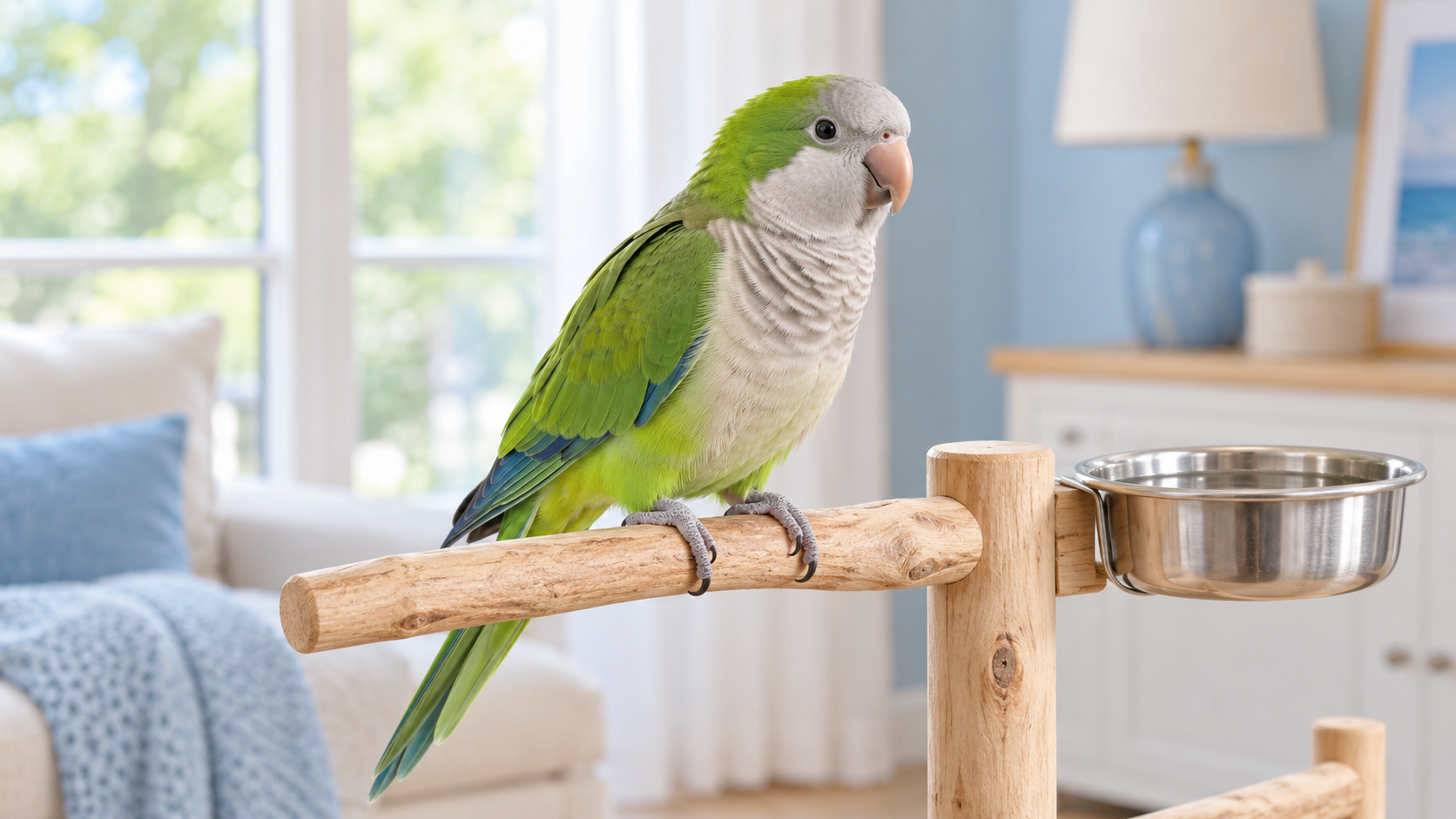 Quaker parrot on a shaded indoor perch beside a clean water bowl