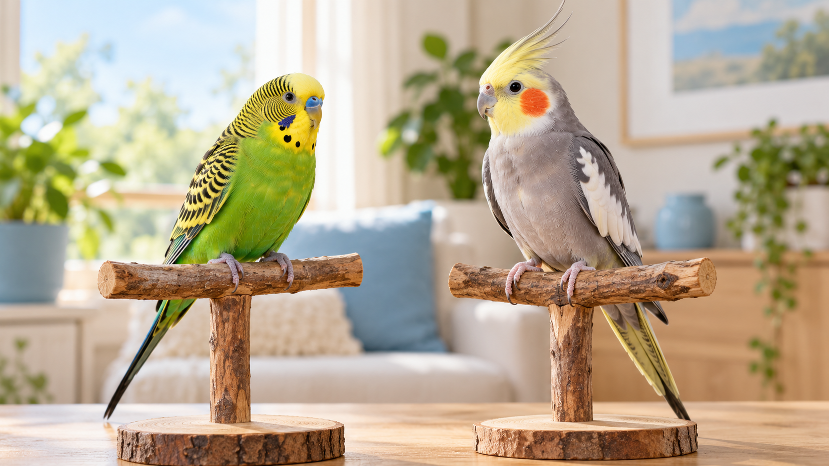 Budgie and cockatiel on separate natural wood perches in a bright home, illustrating parrot choices for first-time owners