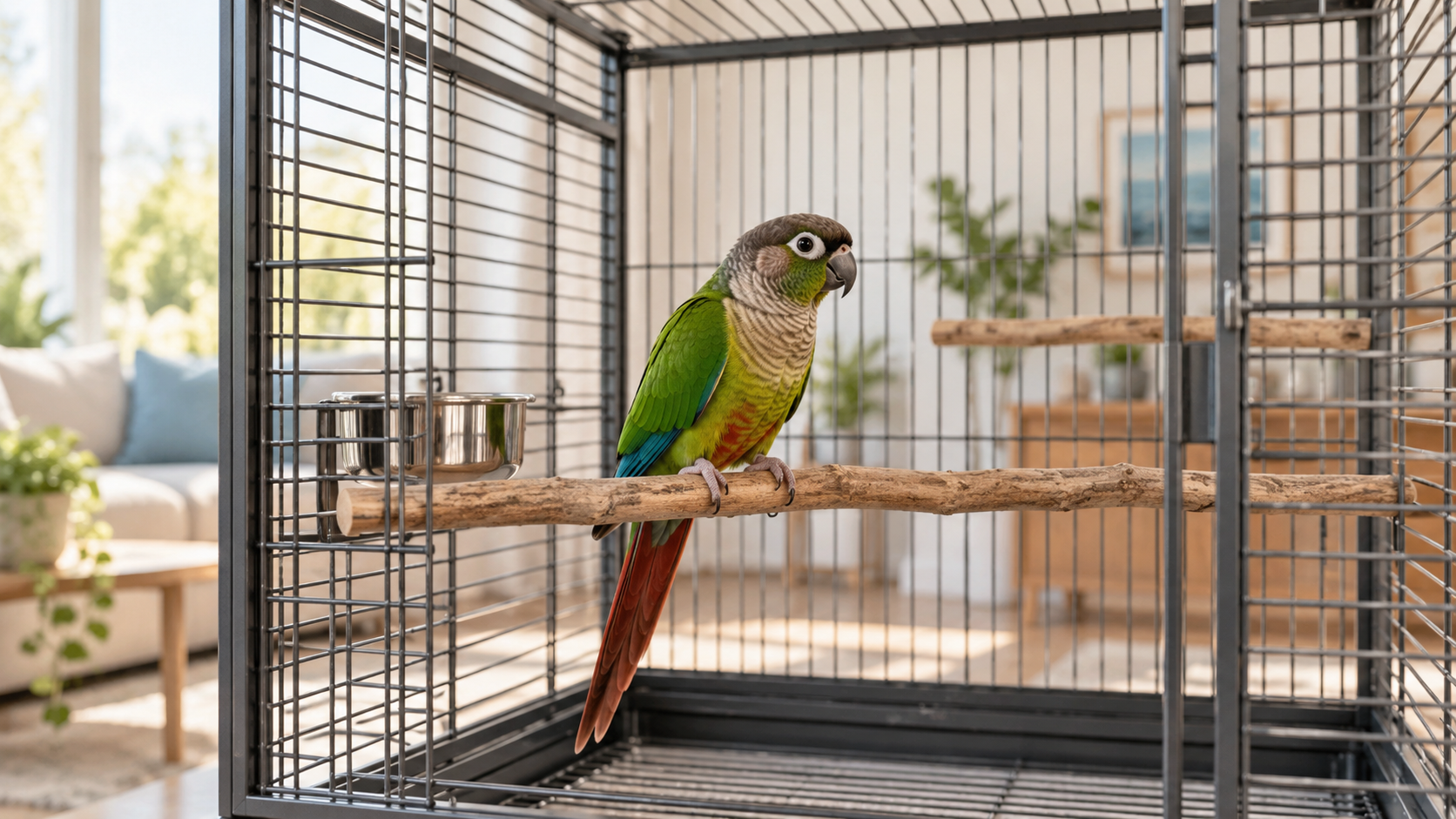 Green-cheek conure on a natural wood perch in a spacious rectangular cage with clear movement space