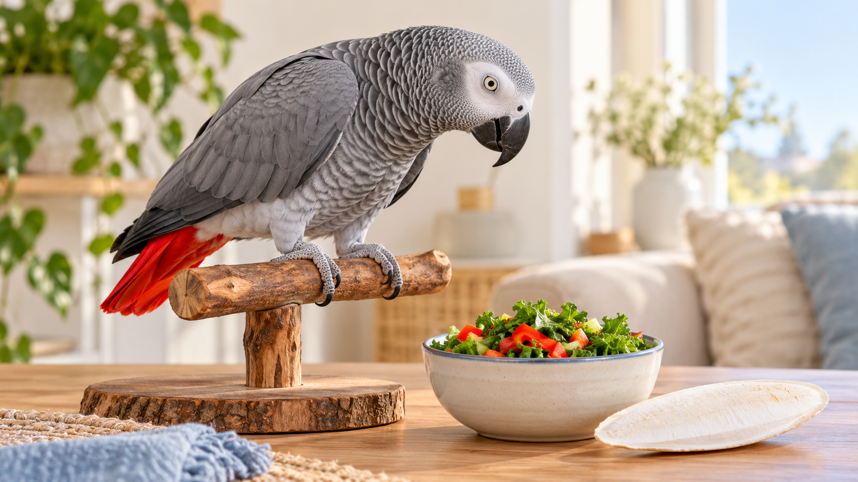 African grey parrot beside a bowl of vegetables and a separate cuttlebone in a bright home