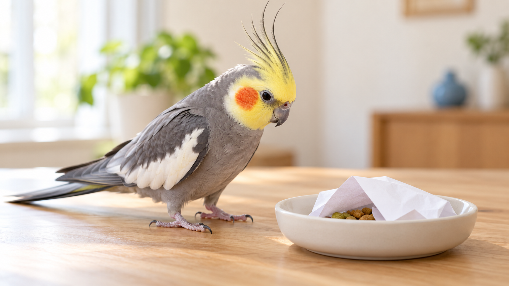 Grey cockatiel looking at pellets partly covered by paper in a shallow dish.