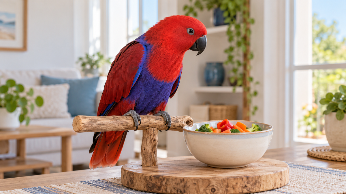 Female Eclectus parrot on a natural wood perch beside a bowl of vegetables