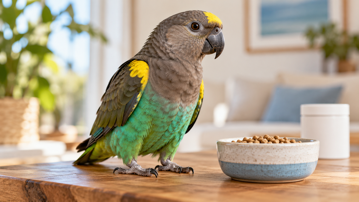 Meyer's parrot beside a bowl of pellets with a closed unlabelled container in the background