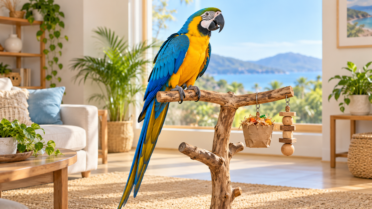 Blue-and-yellow macaw on a natural stand beside foraging and wooden toys