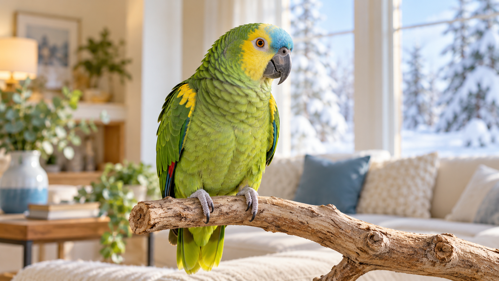 Blue-fronted Amazon parrot on a natural wood perch indoors with snow-covered trees outside a closed window